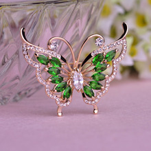 Fashion Green Rhinestone Butterfly Brooch Prong Setting Crystals 18K Gold Plated Wedding Corsage Brand Women Hats Suit Brooches