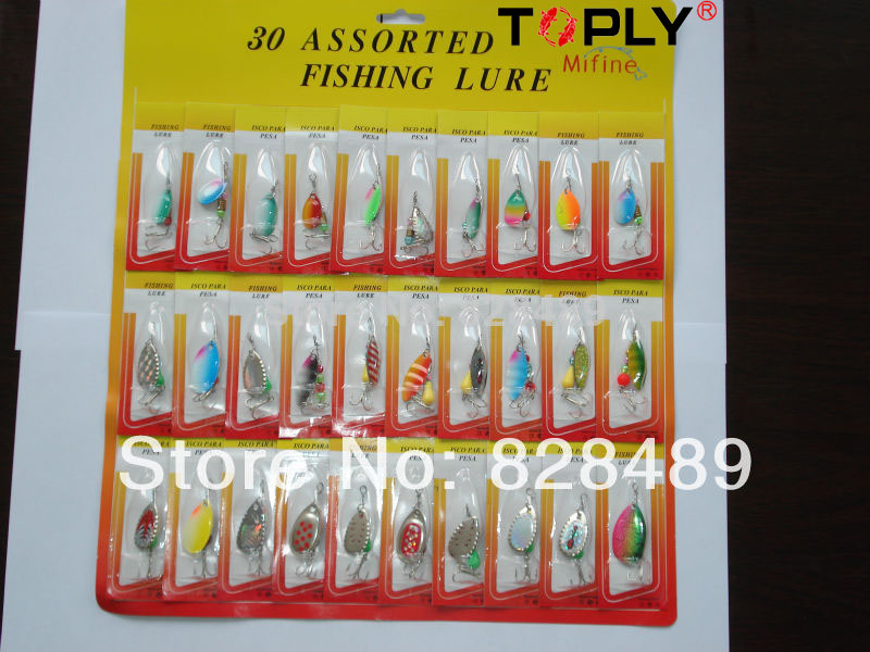 Lot of 30pcs Pack (1set=30pcs) Spinner Spoon Assorted Fishing Hard Lures On Card Baits SET KIT