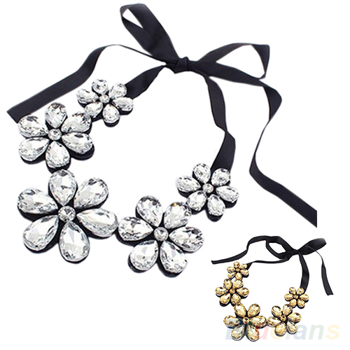 New Fashion exquisite Flower Ribbon Gem Petals charming Bib collar Necklace jewelry items 05FA