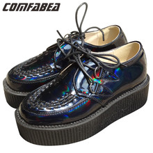 A.O.D Big size 35~44 MEN WOMEN LADIES PLATFORM LACE UP WOMENS FLATS CREEPERS GOTH PUNK SHOES BLUE LASER HOLOGRAM FLAT SHOE HAVE