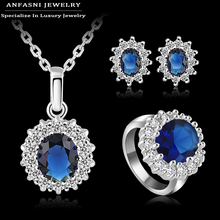Time Limit 75% Off Latest Jewelty Set Platinum Plate AAA Cubic Zircon Necklace/Earring/Ring Blue Set Ring Size Options ST0016-B