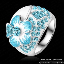 Lake Blue Enamel Austrian Crystal Rings Real Platinum Plated Genuine SWA Stellux Flower Ring Costume Women Jewelry