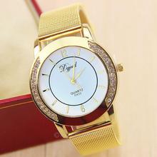 Moda Popular mujeres hombres de Dignty par de reloj de cuarzo relojes correa de malla de oro Anolog Dial redondo con Rhinestone reloj de pulsera