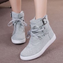 2016 New Black Gray Round Toe Platform Casual High-top Canvas Shoes Woman Lace Up Shoes Student Flat Ankle Boots Botas O098