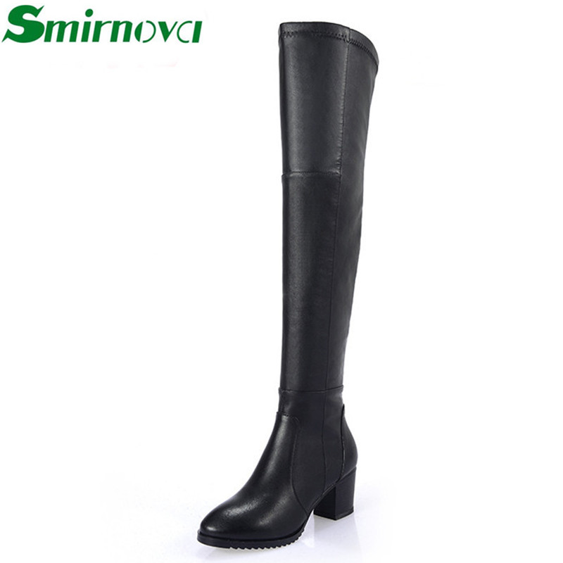 Фотография 2016 fashion winter sexy pu+genuine leather over the knee boots high quality thick high heels round toe women boots