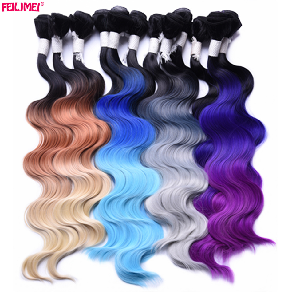 Feilimei Ombre Gray Hair Extensions 18 20 22 280g Synthetic 4 Pcs Set Purple Blonde Blue Green Body Wave Hair Weft Weaving
