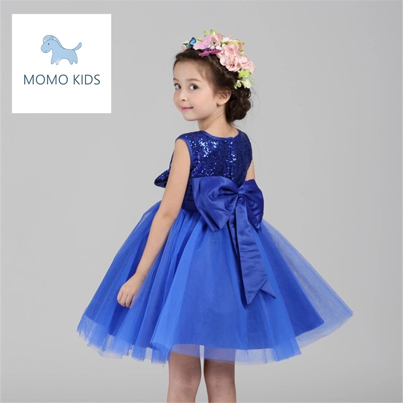 2016 Summer Style Girl Dress Kids Clothes Children Clothing Girl Beautiful Sequin Bow Red Blue Baby Girls Dress Gril Party Dress