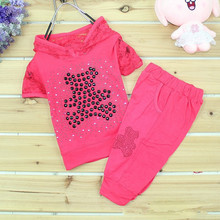 Clear Stock Girls Pink Red Bear Lace Clothing Sets Children Sports Suit Kids Clothes 90 100