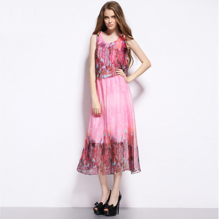 2015 New Brand Silk Long Dress Fashion Beaded Sleeveless Bohemian Beach Dresses Women Printed Maxi Pink Dress Summer LS245
