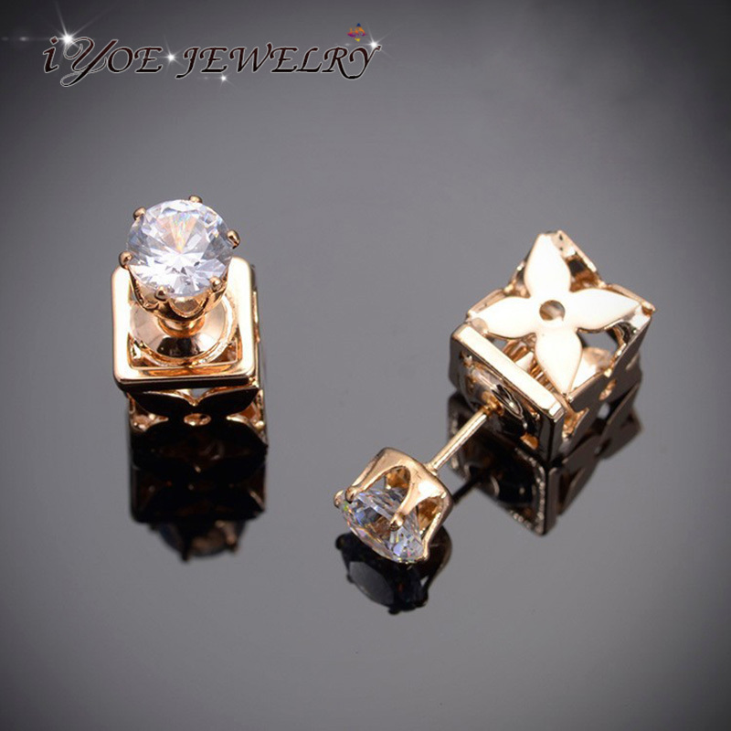 Wholesale 2015 Fashion Brand Luxury Crystal Stud Earrings Jewelry 18K Gold Silver  Clover Flower Double Sided Earring For Women