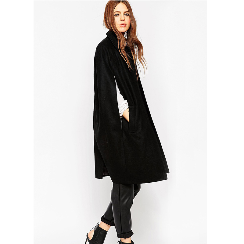 2016 New Black Wool & Blends Women Outwear Coat Autumn Winter Fashion Long Cape Poncho Cloak British Style Pocket Simple Clothes