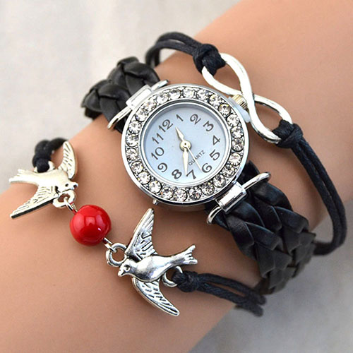 Spring s New Women Bird Love Heart Multilayer Knitted Faux Leather Bracelet Wrap Wrist Watch 9YH