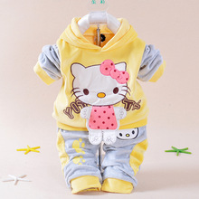 New 2015 Autumn Baby Kids Set Velvet Hello Kitty Cartoon T Shirt Hoodies Pant Twinset Long