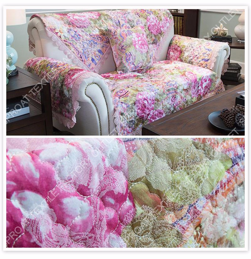 Floral jacquard quilting Sofa cover linen blended lace patch slipcovers