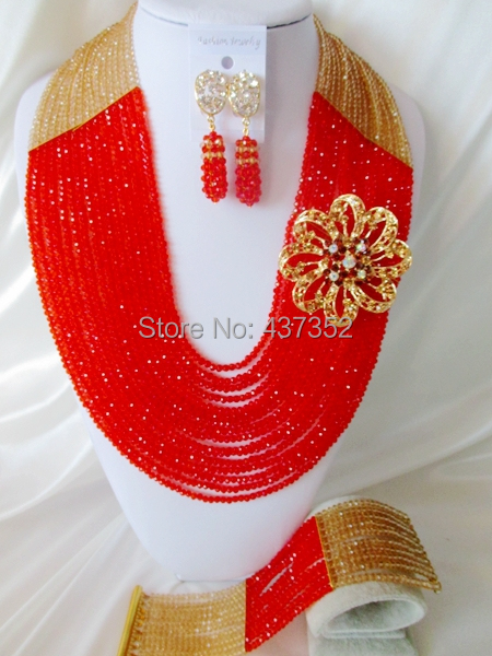 Marvelous 22'' Long 16 layers Champagne Gold and Red Crystal Nigerian Beads Necklaces African Wedding Beads Jewelry Set NC032