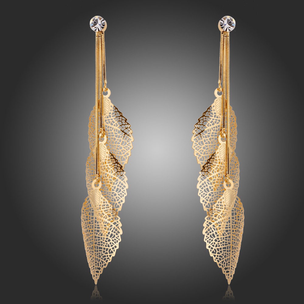 18K Gold Plated Crystal Charms Snake Chain Filigree Leaves Long Tassel Drop Dangle Earrings Party Jewelry