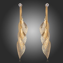 18K Yellow GP Crystal Charms SnakeChain Leaves Look Long Tassel Drop Dangle Earrings Party Jewelry For Girl Women Christmas Gift