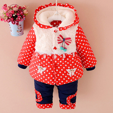 NEW Baby girls clothes Winter fashion dot coat Thick Warm Coat+Pants Warm Winter Outerwear cotton Jacket kids Clothes Sets