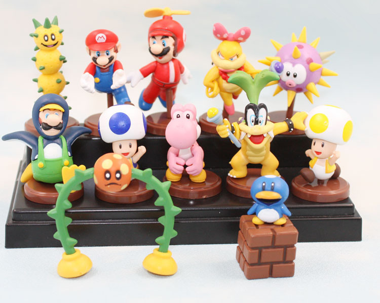 4Styles Super Mario Bros Figure Toys 1set=13pcs Mario Bowser Luigi Bomb Toad Peach Yoshi Koopalings PVC Model Toys With Box Gift