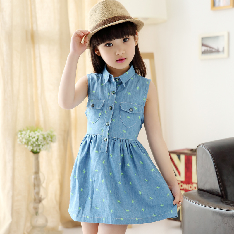 2016 New Kids One Piece Dress Summer Style Girls Denim Dresses Teenage Fille Vestido Children Fashion