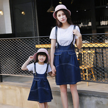 girls dresses summer 2016 denim dress mother daughter dresses family set white t shirt women blue jean spaghetti strap dress