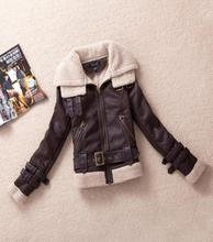 Brown red motorcycle warm fur leather coats woman jackets slim for the women short coat winter faux leather jacket thicken XL