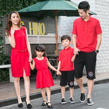 Family Matching Outfits Summer Red Dresses with Belt for Mother Girl T-shirts for Father Boy Kid Women Girl Summer Dresses CH69