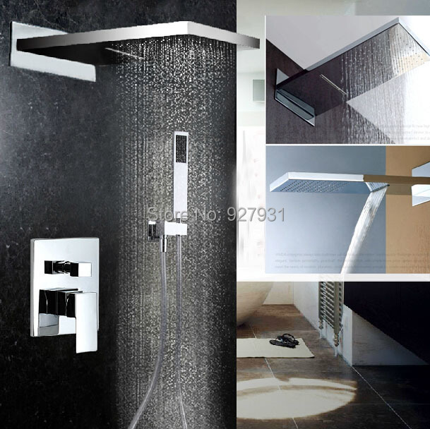 Luxury Single Handle Brass 3 Functions Waterfall & Rain Shower Faucet Set with Handshower Chrome Finished Wall Mounted