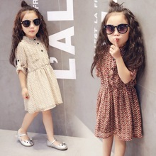 2-7Y, 2016 New Autumn Girls Dress Kids Long Sleeve Dress Baby Chiffon Floral Dress Children Pleats Dress