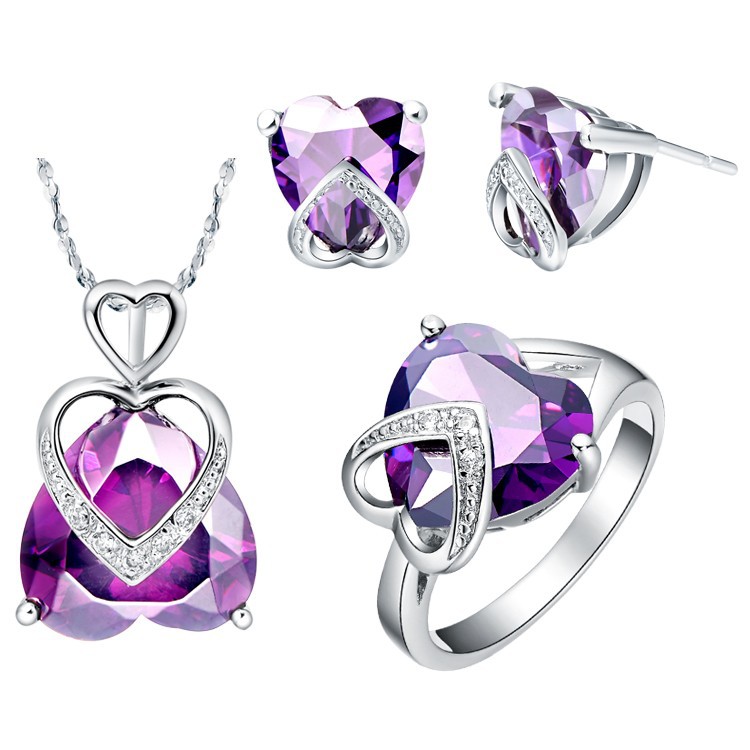 Double Heart Pendant Earrings Ring Jewelry Set Platinum Plated over 925 Sterling Silver Free Shipping