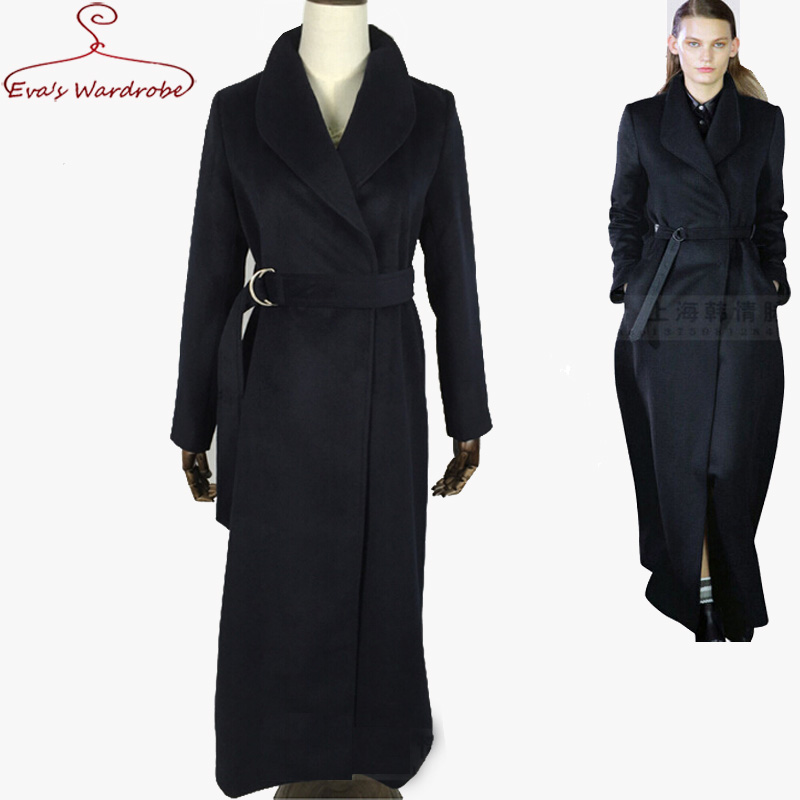 Woman X-long wool coat Plus size double-breasted blends Parkas for female Turn-down collar Black Trench Coat Femme Manteau