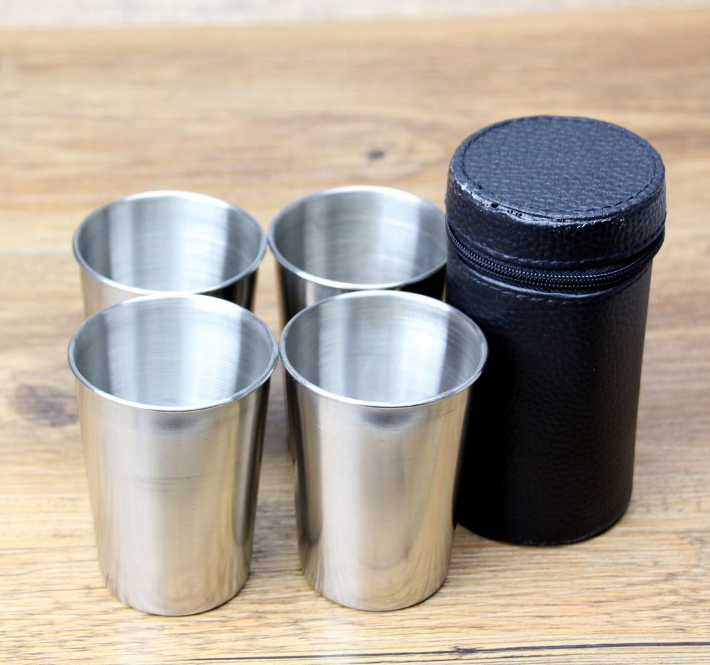 4 Pieces 180ml Beer Cups with Bag Outdoor Travel Mugs Stainless Steel Cups