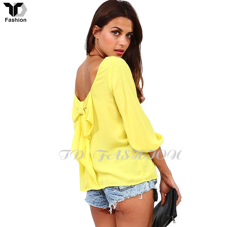 New 2015 Spring Fashion Long Sleeve Tops kimono Women Backless Chiffon Blouse Shirt Bow T Shirt