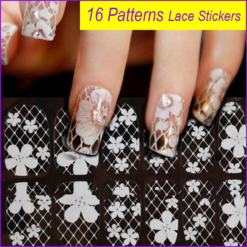 16 Types 3D Nail Art Beauty Sticker White Lace Foils Armour Wraps Decoration Decal Water Decals