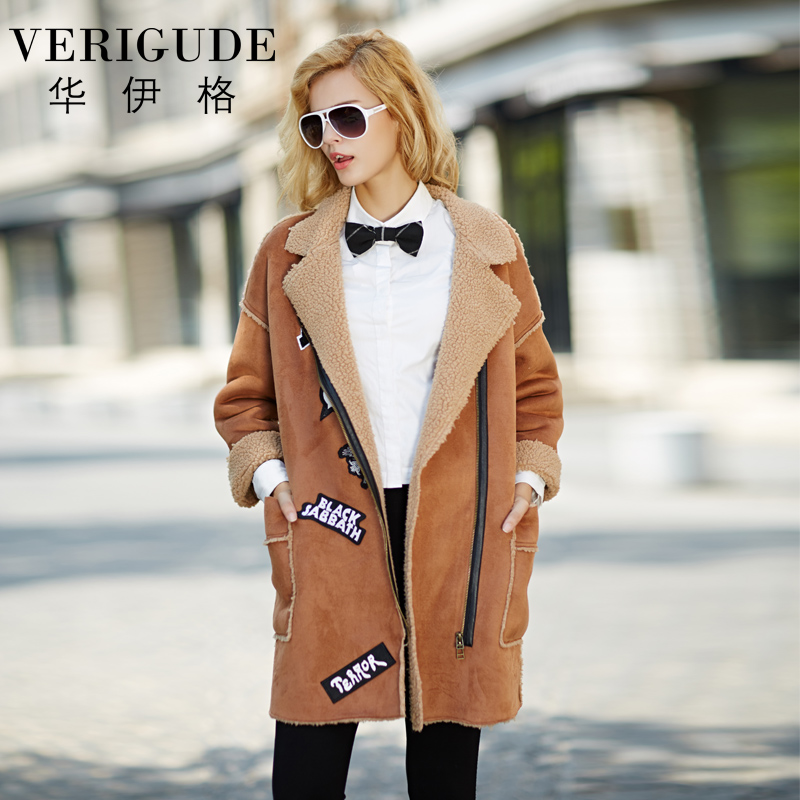 Veri Gude Women Faux Fur Winter Coat Synthetic Faux Lamb Fur Liner Long Suede Overcoat High Quality