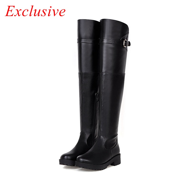 Belt Buckle Knee Boots 2015 Latest Low-heeled High Boots Winter Short Plush Womens Shoe Fashion Plus Size Belt Buckle Knee Boots