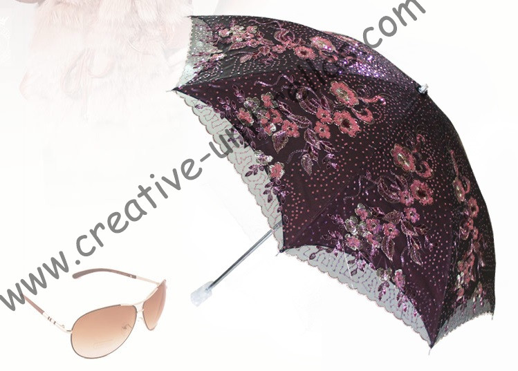 Free shipping double layer mini anti UV embroidery lacing parasol,black coating inside,two fold hand open acrylic umbrella