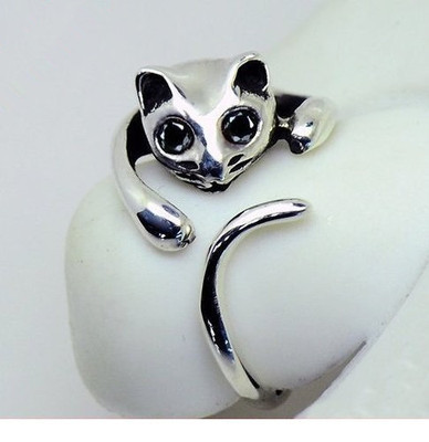 New Fashion Free Shipping 2015 Cute Silver Cat Shaped Ring With Rhinestone Eyes Adjustable and Resizeable