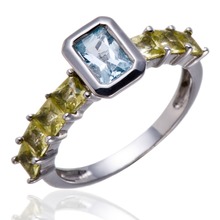 Womens Natural Aquamarine and Peridot Gemstone Solid 925 Sterling Silver Ring Fine Jewelry