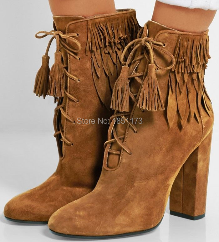 Chunky High Heels Women Ankle Booties Suede Fringed Lace Up Lady Short Boots Shoes Spring Autumn Tassel Fashion Pumps Wholesale