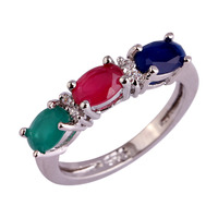 lingmei Wholesale Emerald Ruby Sapphire White Topaz Silver Ring Size 6 7 8 9 10 11 12 AAA Jewelry For Women Men Free Shipping