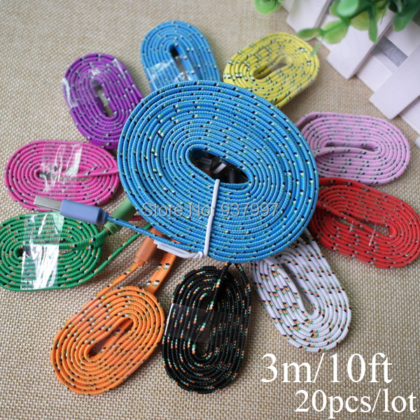 20pcs/Lot 3M/10FT Colorful 8Pin USB Braided Fabic Woven Flat Wire Data Syn Charging Charger Cable Cords for iPhone 5 5s 6 6Plus