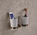 Bathroom Wall Mounted Antique Brass Tooth Brush Holder Dounle Ceramic Cup
