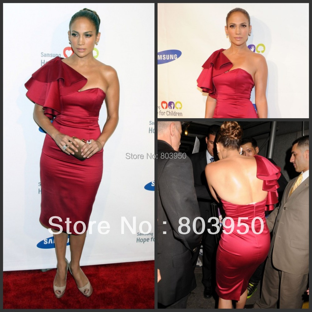 ... Ruffles Shoulder Mid-Calf Jennifer Lopez Red Carpet Celebrity Dresses