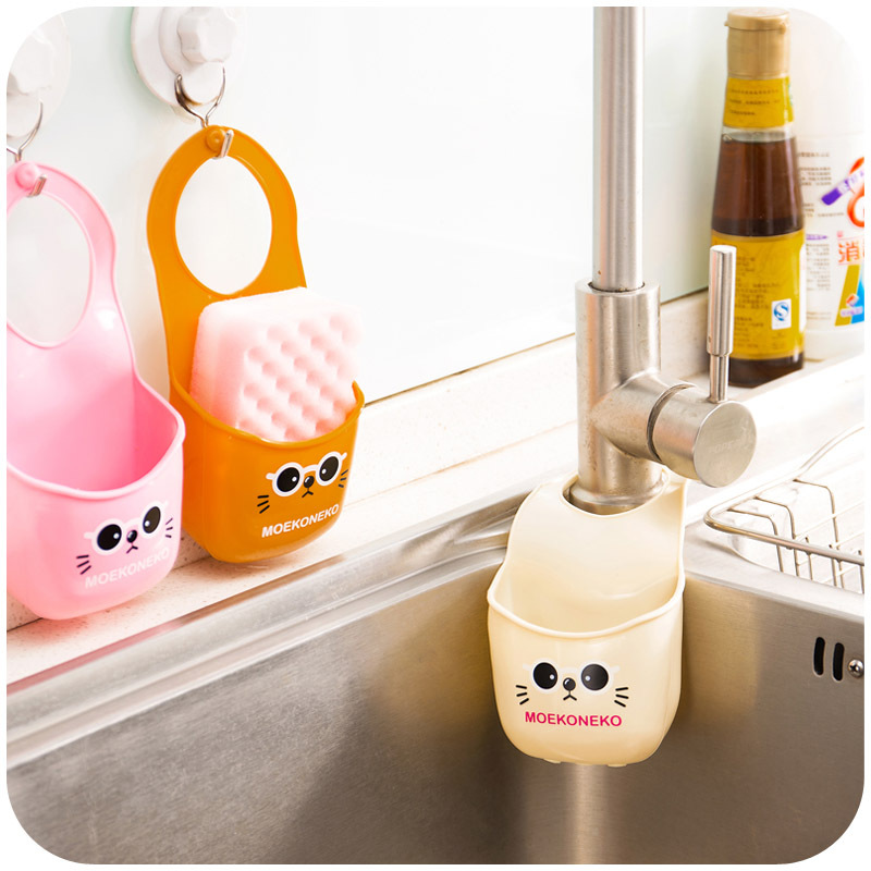 Cartoon cat hang the bag snap sink, kitchen sponges drain and faucets with storage rack