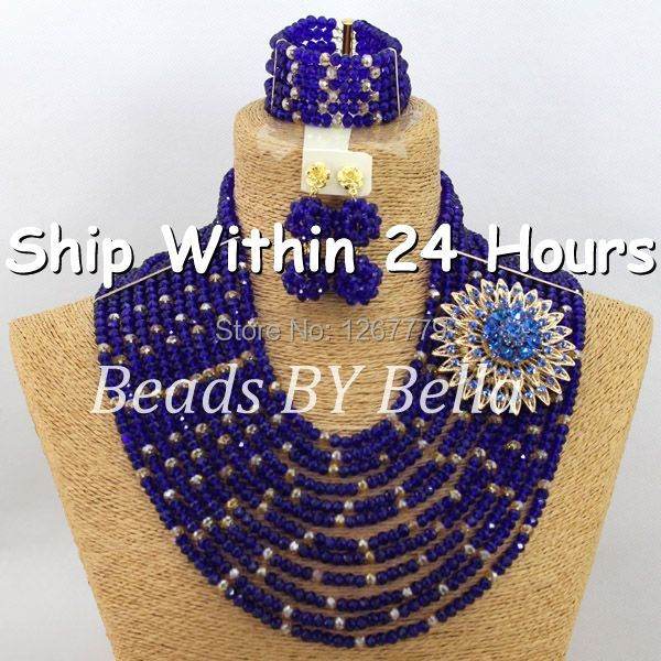 Amazing Royal Blue Nigerian Wedding African Beads Jewelry Set Crystal African Jewelry Sets 18k For Wedding Free Shipping ABJ717