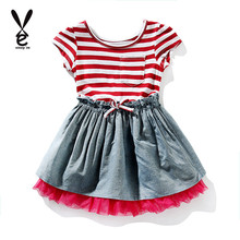 2016 new pretty kid baby girls dress summer short-sleeved striped demin lace sundress for cute toddler child girl party clothes