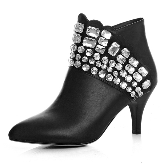Free Shipping 2015 Women's Black / Red Full Grain Leather Pointed Toe Thin Heels Pumps Rhinestone Party Ankle boots for women