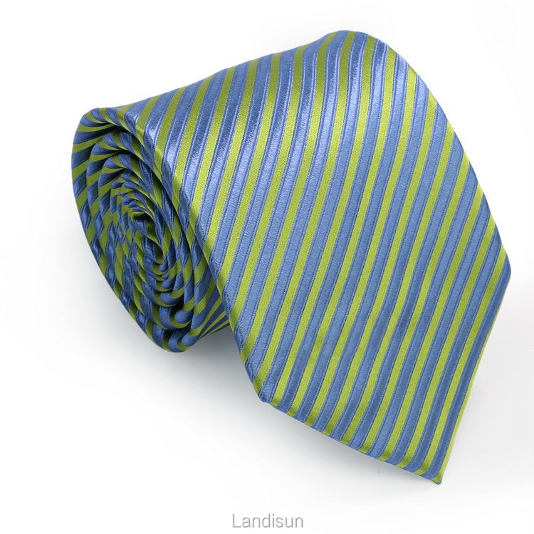 Landisun 44C Bright Blue Green Stripes Mens Silk Neck Tie Set: Tie+Hanky+Cuff