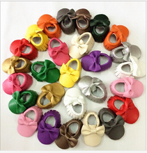 50 pcs/lot Soft Leather Baby Girls Shoes with Bow